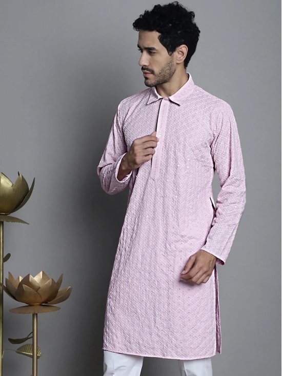 Men's Chikankari Embroidered and Sequence Kurta Only-XXL / Pink