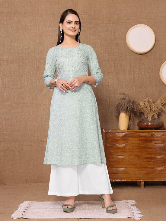 Rangita Women Rayon Mint Green Embroidered Calf Length A-line Kurti - None