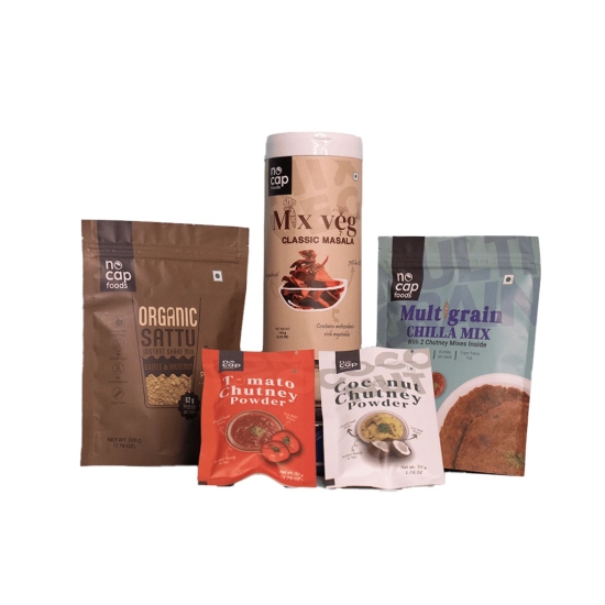 Combo of 5 |Multigrain Chilla Premix 200 gm (1), Mix Veg Classic Masala Chips Box 150 gm (1), Sattu Coffee Hazelnut Shake 220 gm (1), Tomato Chutney Instant Mix 50 gm (1), Coconut Chutney Instant Mix 50 gm (1)