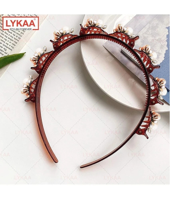 LYKAA Stylish Braided Double Layer Twist Plait Plastic Headband with Elegant Flower For Girls - 1Pcs - Brown