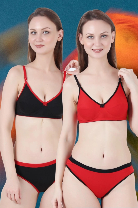 JOMFERRY 777 Cotton Non-Padded Bra and Panty Set of 2 pcs | Red,Black-38