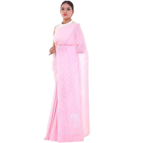 Lavangi Women Lucknow Chikankari Keel Work Pink Cotton Saree With Blouse