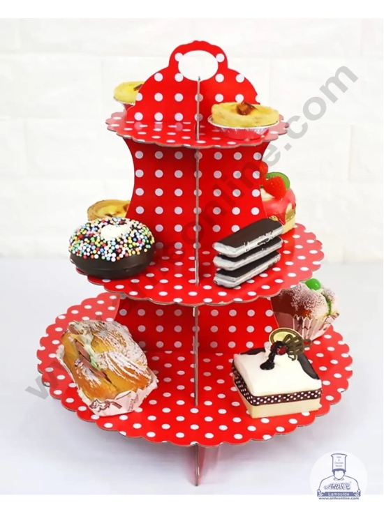 Cake Decor™ 3 Tier Medium Polka Dots Printed Round Cardboard Cupcake Stand-PINK