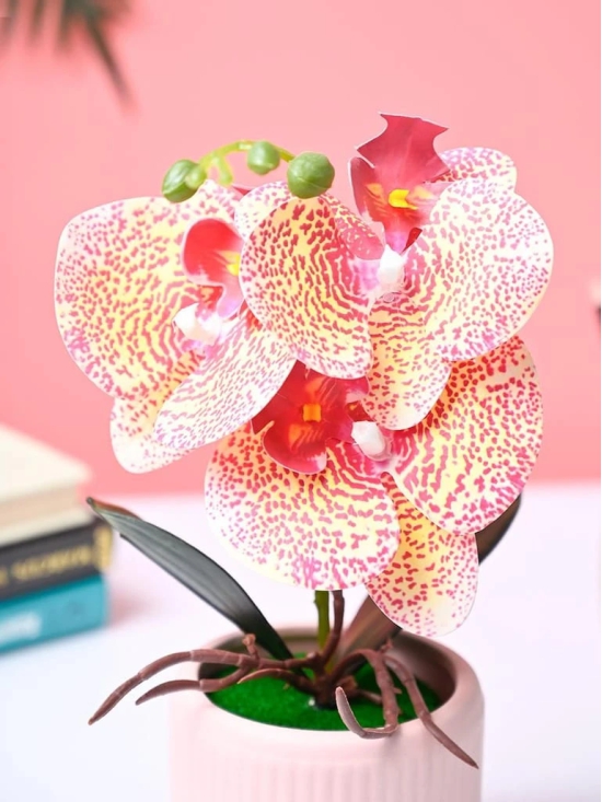 Market99 White Artificial Orchid Flower With Golden Pot