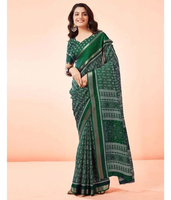 Sitanjali Silk Blend Printed Saree With Blouse Piece - Green ( Pack of 1 ) - Green