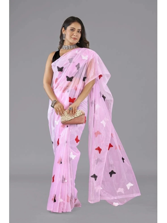 JULEE Net Embroidered Saree With Blouse Piece - Pink ( Pack of 1 ) - Pink