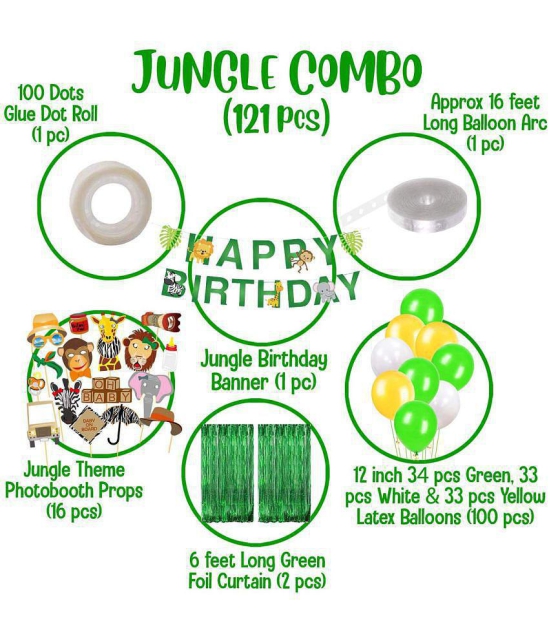 Party Propz 121Pcs Jungle Safari Theme Party Decorations Set Happy Birthday Banner, Jungle Theme Photobooth, Multicolour Latex Balloons, Green Foil Curtain, Glue Dot and Arc for Kids Birthda