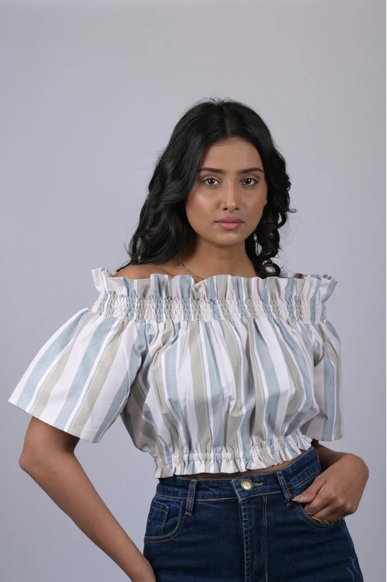 Top for women western wear stylish Grey And White Striped Off Shoulder Top (OTL-TPS1041)-Grey / L