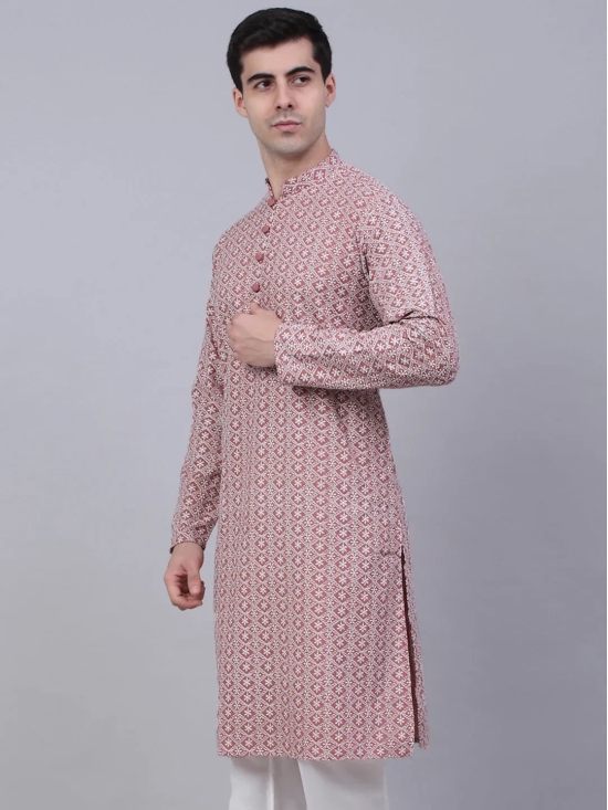 Men's Coral Red & White Embroidered Straight Kurtas-L / Pink