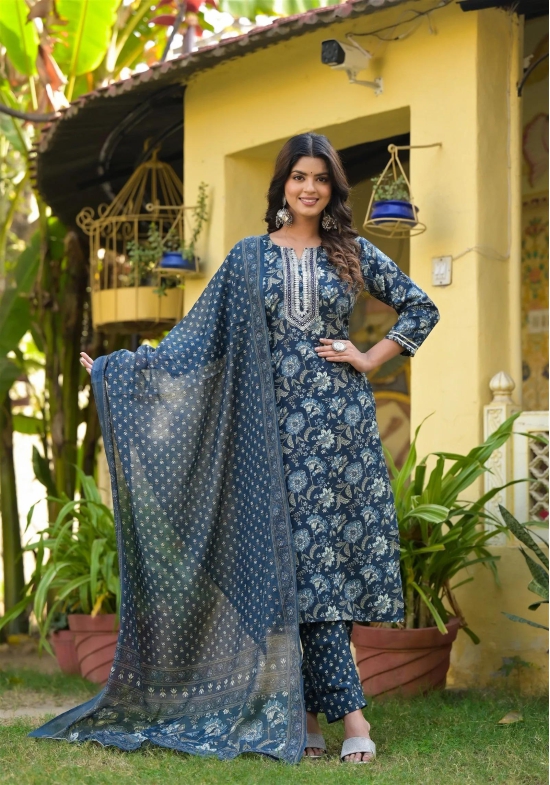 Blue Printed Straight Kurta Set with Bottom Wear and Dupatta-XXL