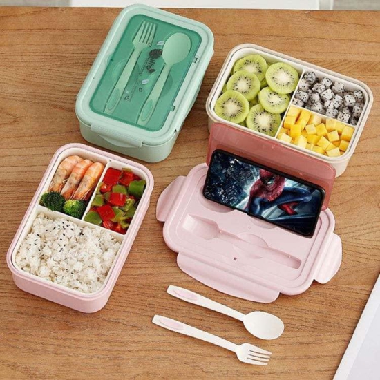 Entisia 1400ml Microwavable Bento Lunch Box - 1 Pcs Single-Layer Leakproof Food Container with Spoon, 3 Compartment Portable Sealed Bento Tiffin Box for Adults, Kids, Home, School