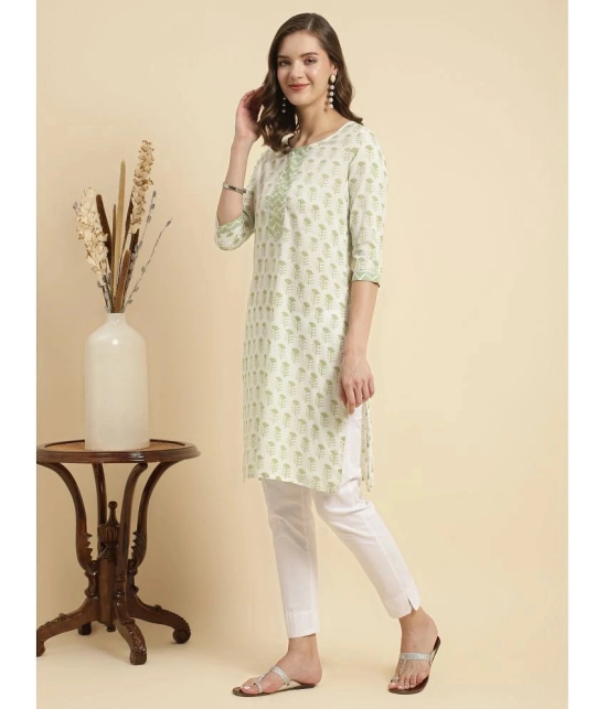 Rangita Women White Cotton Floral Printed Knee Length Straight Kurti - None