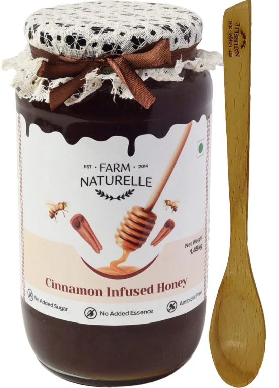 Farm Naturelle-Cinnamon Flower Wild Forest Honey |1.45KG and a Wooden Spoon| 100% Pure & Natural Ingredients Made Delicious Honey | No Artificial Color | No Added Sugar | Lab Tested Cinnamon Honey In Glass Bottle.