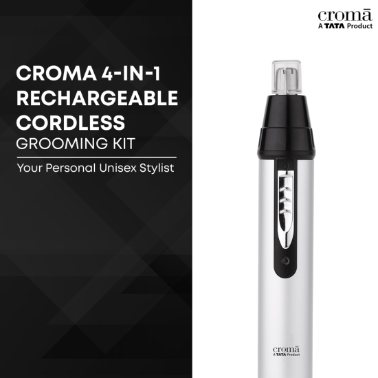 Croma 4-in-1 Rechargeable Cordless Grooming Kit for Nose, Ear, Eyebrow, Beard & Moustache for Men & Women (40min Runtime, Water Resistant, Black)