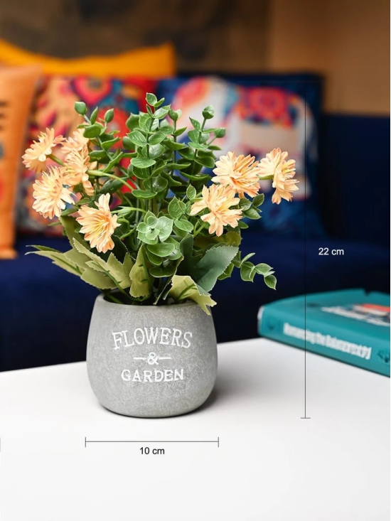 Yellow & Green Artificial Flower with Pot - Cylindrical Shape with Flowers & Garden Print