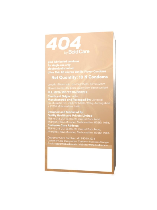 404 by Bold Care Super Ultra Thin Vanilla Flavored Condoms For Men | 60 Microns | Intense Fit with a Barely There Feel | With Disposable Pouches - Pack of 10 Condoms