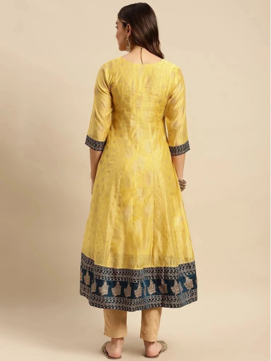 Rangita Women Chanderi Yellow Gold Printed Calf Length Kalidar Kurti With Contrast Border At Bottom Hem - None