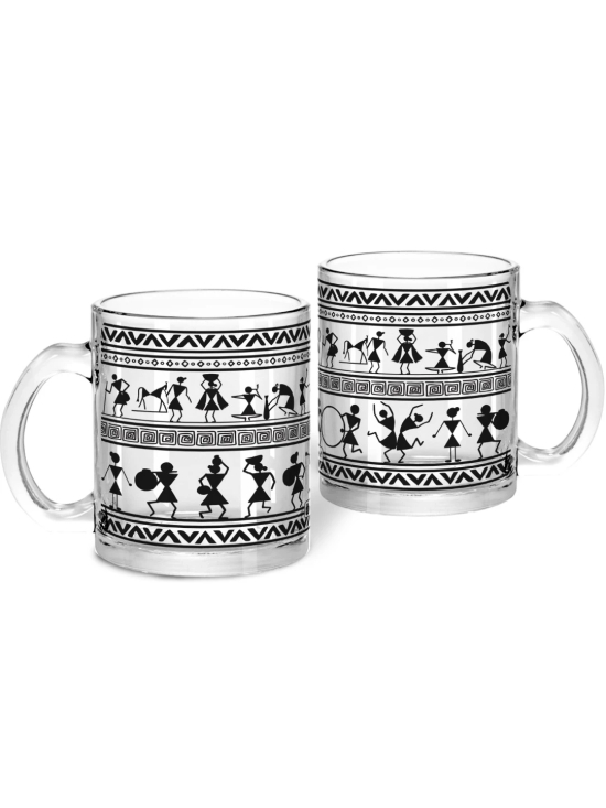 Indigifts Transparent Mug for Coffee Warli Art Printed Transperant Glass Tea Mug Set Of 2, Crystal Clear Glass Coffee Mug Set, Crystal Clear Glass Mug Set, Printed Glass Cup for Tea, Glass for Coffee