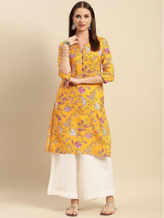 Rangita Women 100% Cotton Yellow Floral Printed Knee Length Straight Kurti - None