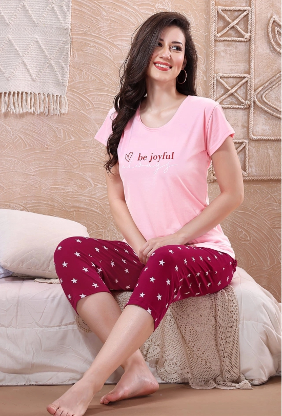 Gudnini White Star Printed Hosiry Cotton Capri Set-Pink-L / PINK / HOSIERY