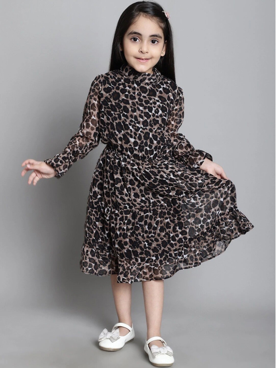 MINI & MING Girls Animal Print Mock Neck Bell Sleeves Georgette Fit & Flare Midi Dress