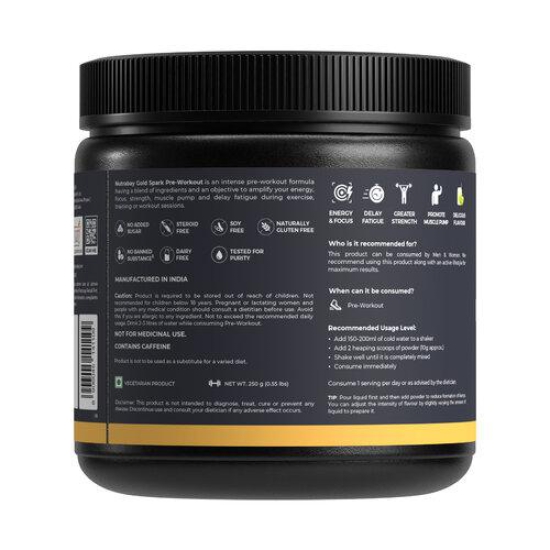 Nutrabay Gold Spark Pre Workout Supplement Powder - 250g, Green Apple | 300mg Caffeine, 1000mg L-Arginine, 3000mg Beta Alanine, 2500mg Citrulline Malate | Muscle Pump & Performance | For Men & Women