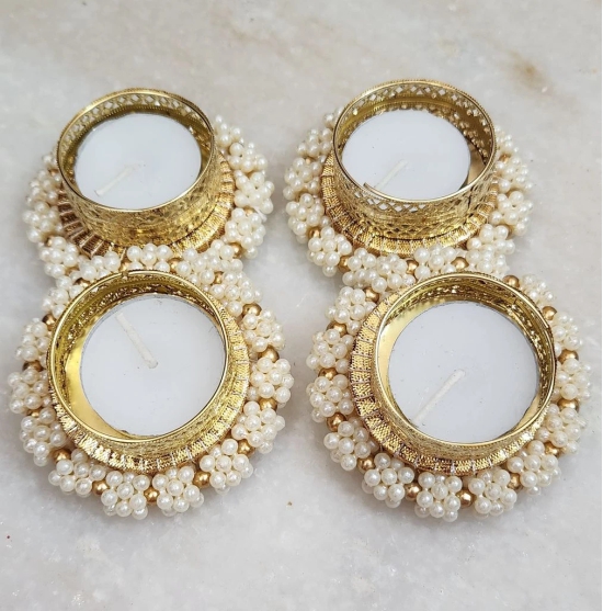 Elegant Pearl and Gold Tealight Candle Holder Set