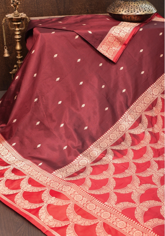 Banarasi Katan Silk Saree in Brown and Red with Zari Buttas & Scalloped border | SILK MARK CERTIFIED