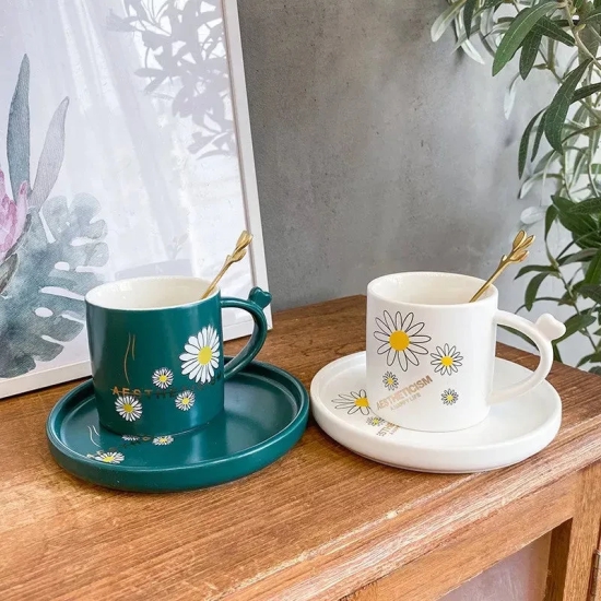 Daisy Mug & Saucer Set With Spoon-Blue