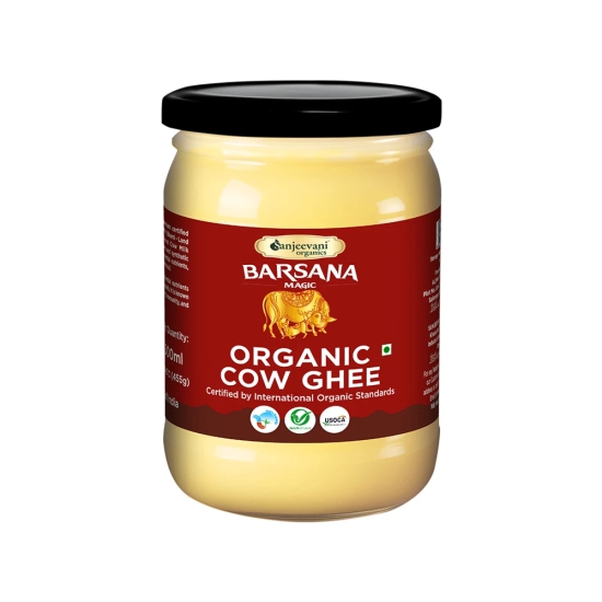 Sanjeevani Set of -3 Organic Cow Ghee 500ml | Organic Grass Fed Indian Cow Ghee | Wood Churned with Bilona Process| 100% Natural Neem Honey | Raw Unprocessed Natural Neem Honey 300g | Barsana Magic A2 Badri Cow Ghee 500ml jar contains pure, golden ghee