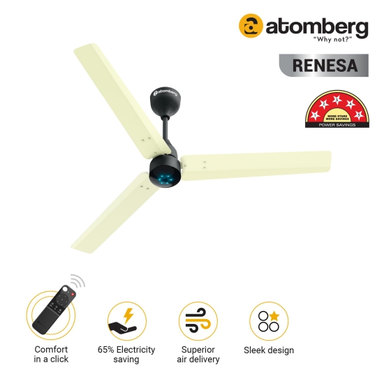 Atomberg Renesa 1200 mm BLDC Motor with Remote 3 Blade Ceiling Fan (Ivory and Black, Pack of 1)