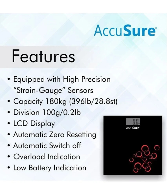 AccuSure Black & Silver Digital Bathroom Weighing Scale, LCD Panel,6mm Tempered Glass - 1Yr Warranty