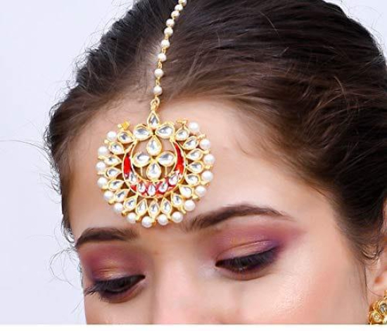 Abhaah kundan Traditional Rajasthani kundan meenakari Pearl Bridal Fancy maang Tikka for Girls and Women