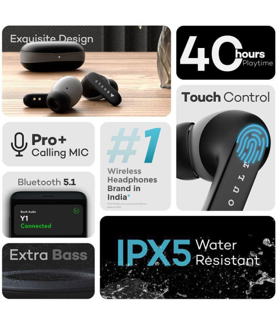 Boult Audio Y1 In Ear True Wireless (TWS) 40 Hours Playback IPX5(Splash & Sweat Proof) Powerfull bass -Bluetooth Black