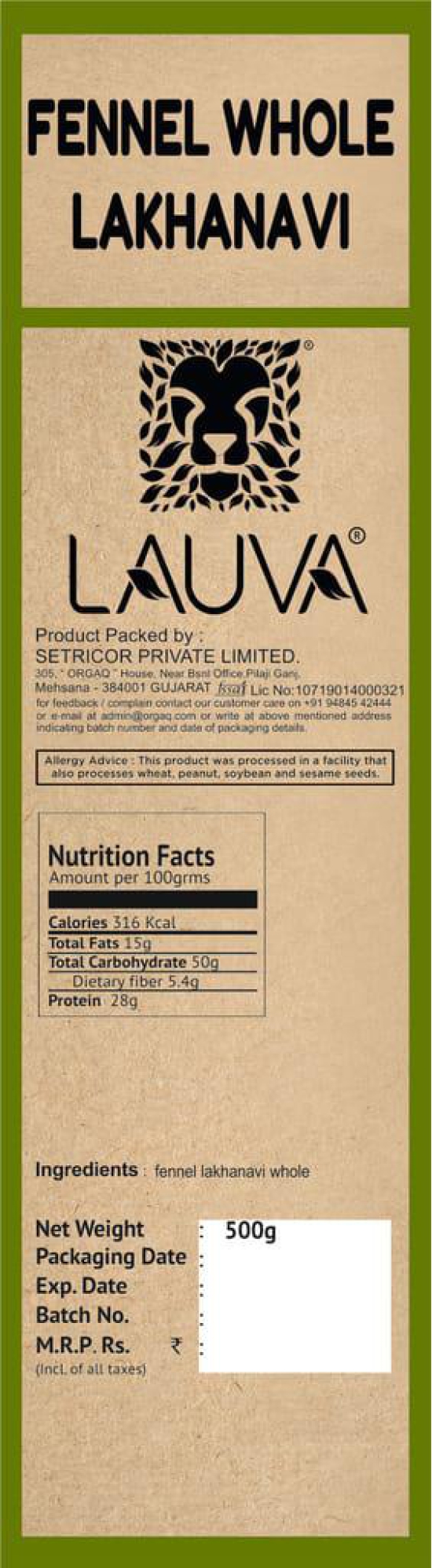 LAUVA Natural Lakhanavi Fennel Seeds I Saunf I Variyali I Whole Indian Spices