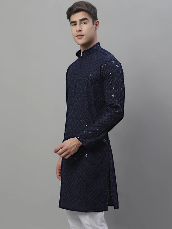 Mens Navy Blue Chikankari Embroidered and Sequence Kurtas-S / Navy-Blue