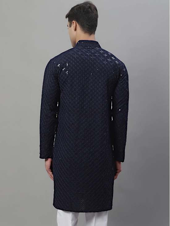 Mens Navy Blue Chikankari Embroidered and Sequence Kurtas-L / Navy-Blue