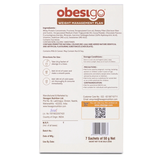 Obesigo BLCD Obesigo Meal Replacement Weight Loss And Weight Management Plan (Chocolate Flavor) - 350Gm (7 Sachets Of 50G Each)