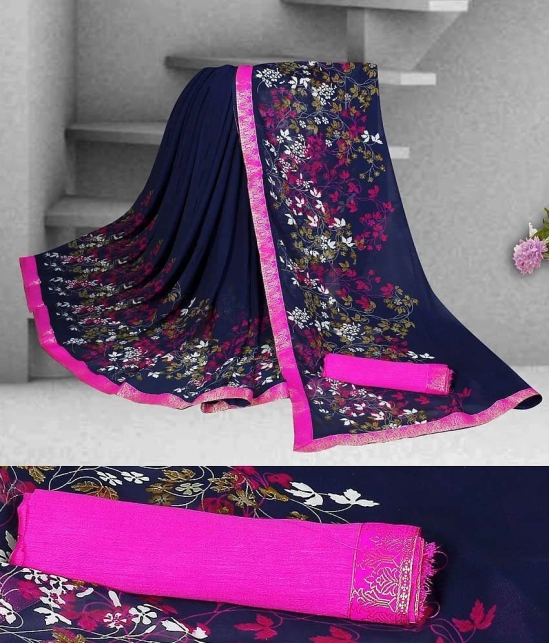 Gazal Fashions - Navy Blue Chiffon Saree With Blouse Piece (Pack of 1)