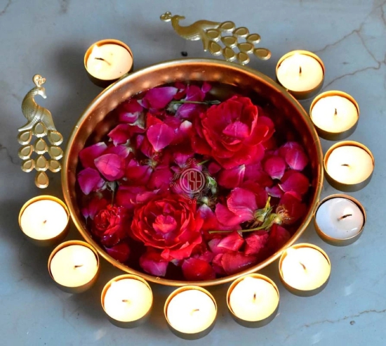 Urli Bowl Handcrafted Bowl for Flowers and T- Light Candles Table Decor Diwali Home Decor Decoration. (Peacock Urli).