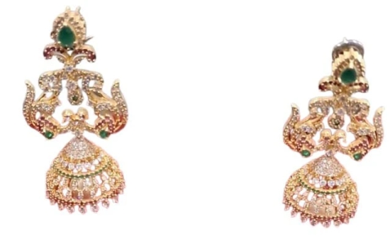 Stunning Gold-Plated Kundan and Pearl Jhumka Earrings with Green Stones