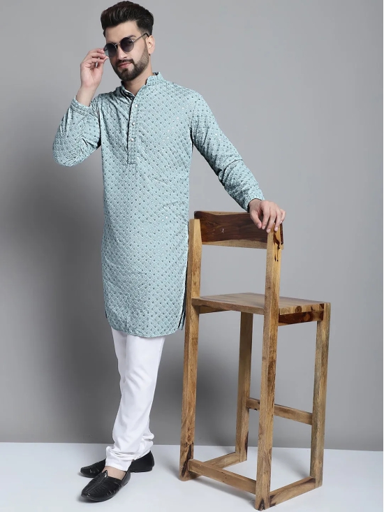 Men Blue Chikankari Embroidered and Sequence Kurta Only-XXL / Blue