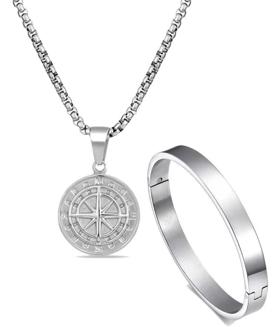 Fashion Frill Silver Chain For Men Stainless Steel Compass Roman Silver Chain Pendant With Silver Bracelet For Men Boys Jewellery Combo - None