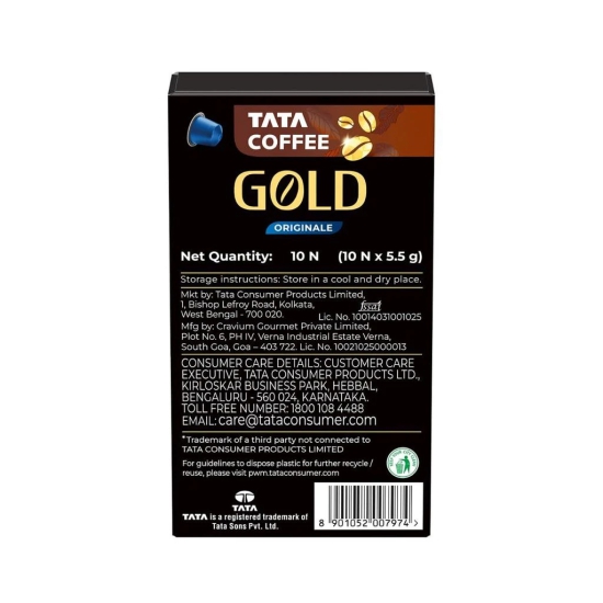 Tata Coffee Gold Coffee Capsules, Intensity- 6 | Tasting notes: Chocolaty, Nutty & Citrusy | 100% Arabica Coffee | Nespresso Compatible Coffee Pods, 10 Aluminium Capsules, 55 g