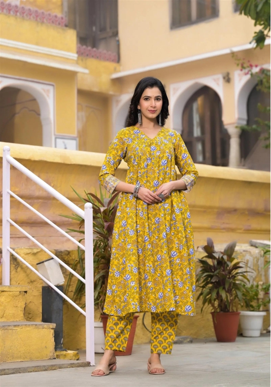 Block Printed Kurta and Pant Set with Dupatta in Yellow Color for Women-XL