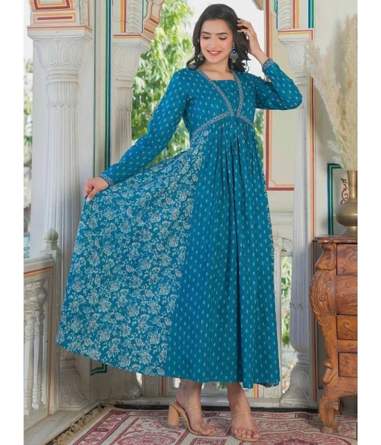 Vbuyz Cotton Printed Anarkali Womens Kurti - Blue ( Pack of 1 ) - None