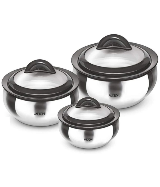 Milton Clarion Jr Stainless Steel Gift Set Casserole with Glass Lid, Set of 3, (610, 1.33 Litres, 1.78 Litres), Steel Plain - Silver