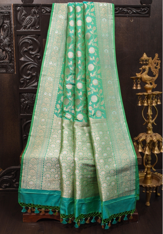 Sea Green Exquisite Banarasi Alfi Jaal Katan Saree | SILK MARK CERTIFIED