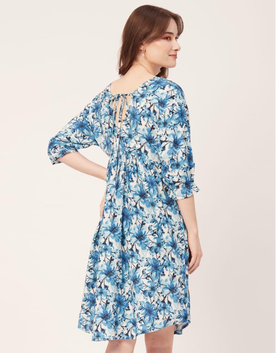 Moomaya Printed Quarter Sleeves Short Dress, Knee Length Flared Hem Summer Dress