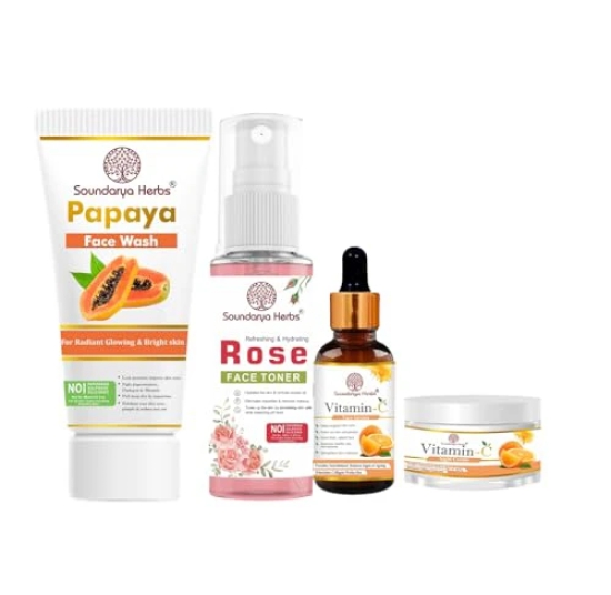 Soundarya Herbs Glow Combo Pack - Papaya Face Wash, Rose Face Toner, Vitamin C Serum, Night Cream, Skincare Set